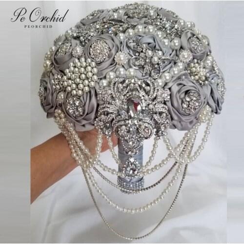 PEORCHID Silver Gray Brooch Bouquet Bridal Flower Stain Rose Customize Bling Rhinestone Pearl Cascading Wedding Bouquet Crystal