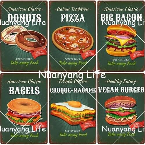 Fast Food Signs Pizza Poster Burger Metal Plaque Vintage Restaurant Shop Decorative Cafe Wall Decoration Home Decor 20x30cm