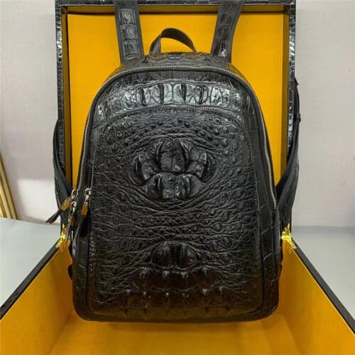 Authentic Real Crocodile Scales Skin Mens Casual Black Backpack Genuine Exotic Alligator Leather Male To-handle Bag Back Pack