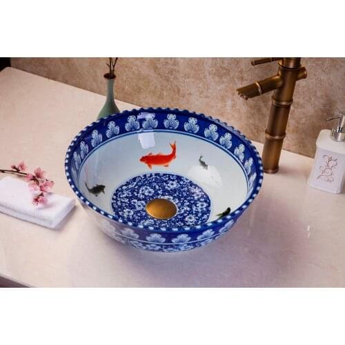 Europe Style Handmade Countertop Bathroom Basin Blue and white fish pattern Bathroom Sink Ceramic wash basin
