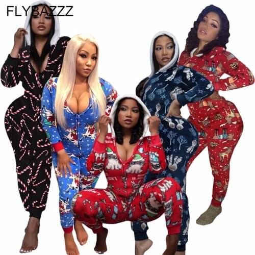Christmas Jumpsuit Women Autumn Winter Print Casual Fleece Warm Long Sleeve Home Wear Romper Xmas Cute Hooded Zipper Yoga Sets