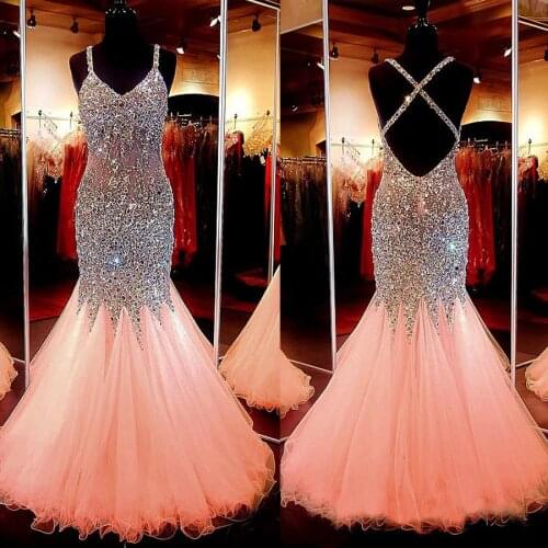 Chic Tulle Spaghetti Straps Neckline Floor-length Mermaid Prom Dress Bling Bling Beading Evening Dress Open Back