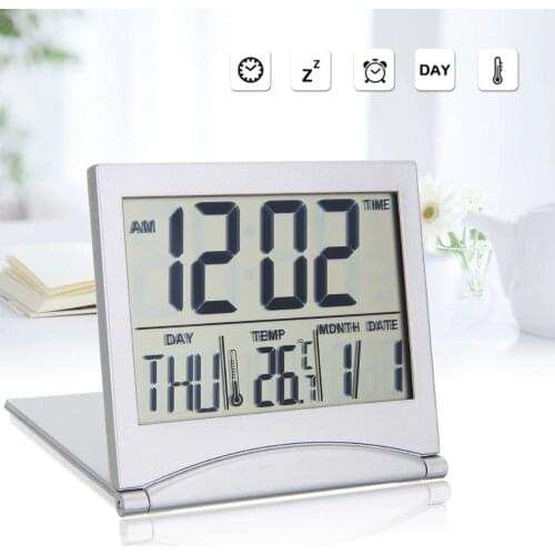 Folding LCD Digital Alarm Clock Desk Table Weather Station Desk Temperature Travel Ectronic Mini Clock