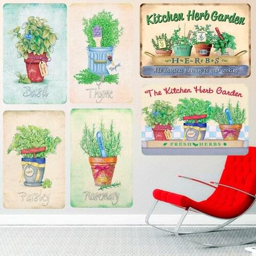 Plant Tin Signs Herb Garden Vintage Metal Outdoor Kitchen Plaque Basil Thyme Parsley Plates Wall Art Metal Plate Home Decor
