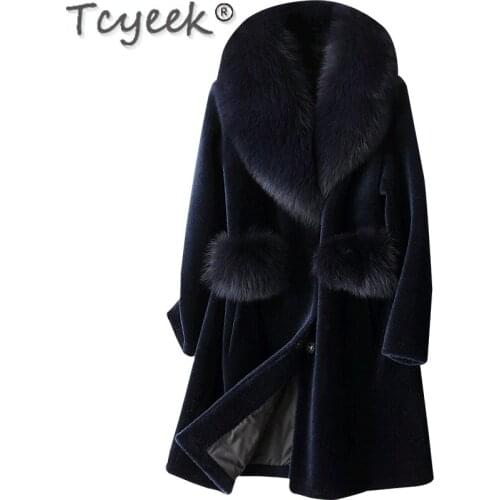 Tcyeek 2021 Winter Real Fox Fur Collar Coat Female 100% Sheep Shearling Fur Coats Women Warm Wool Jackets Casaco Feminino Gxy203