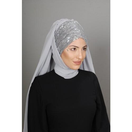 Womens Gray Front Sequined Shirred Ready Turban