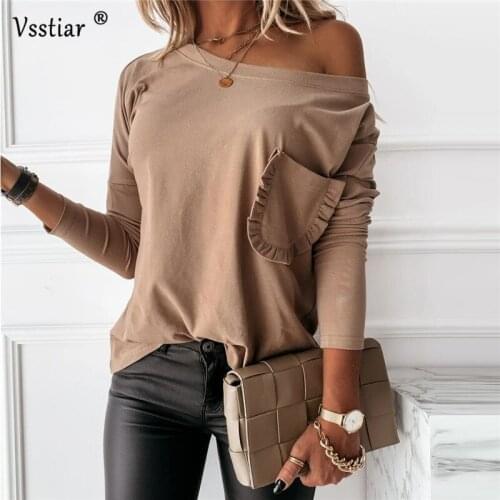 Womens T-Shirt 2021 New Long Sleeve O Neck Casual Plus Size Shirts Fashion Pockets Solid Office Tops Femme