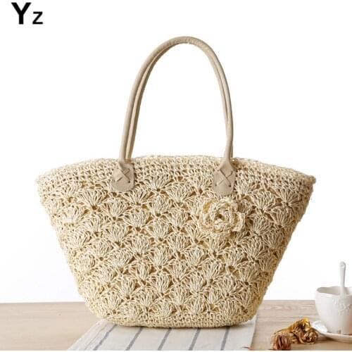 Aaby 2021 New Straw Beach Tote Bags For Women High Quality Shoulder Hollow Out Ladies Bag With Floral Appliques