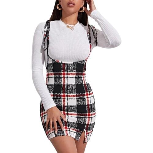 Women High Waist Suspender Skirt Plaid Print Split Hem Pinafore Bodycon Overall Dress