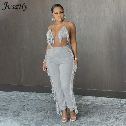 JuSaHy Y2K Tassel Womens Two Piece Sets Summer Halter Backless Crop Top And Pants Matching Sets Solid Slim Casual Streetwear