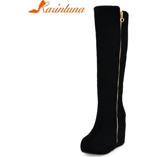KARINLUNA New Ladies Wedges High Heels Zip Solid Round Toe Platform Shoes For Women Casual Winter Knee-High Boots Big Size 32-43