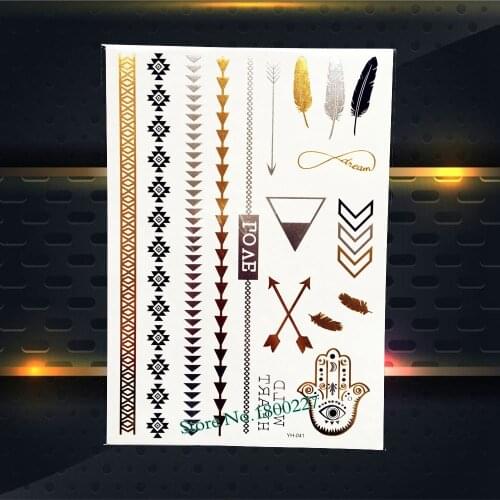 1PC Nontoxic Flash Gold Metallic Tattoo Hamsa Hand Arrow Feather Design Women Arm Leg Jewelry Temporary Bracelet Tattoo Stickers