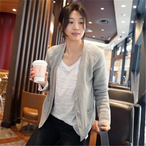 100%cashmere Vneck knit women fashion solid loose cardigan sweater single breasted S-XL retail wholesale