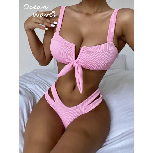Sexy Ribbed Swimwear Female Bow Strap V-Neck Swimsuit Women Bikini Set Push Up Bathing Suit Summer Beachwear Brazilian Biquini