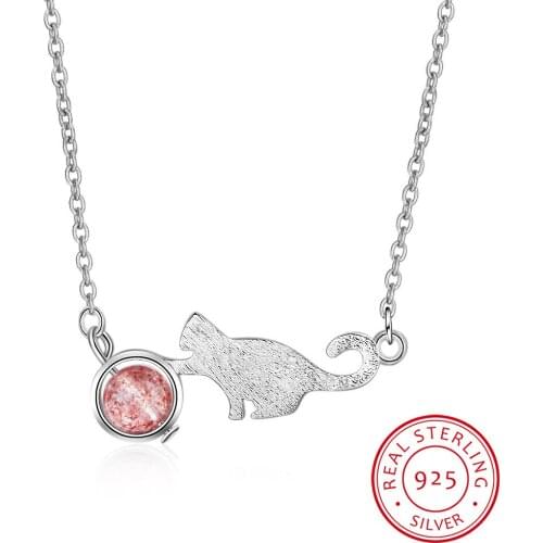 925 Sterling Silver Strawberry crystal Cat Pet Chains Pendant Necklace For Women Luxury Brand Jewelry Dropshipping Gift