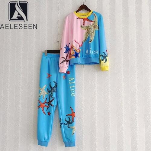AELESEEN Women Casual Sets 2021 Runway Fashion Autumn Winter Hoodies+Lantern Pants Seestars Print Beading Crystal Sports Sets