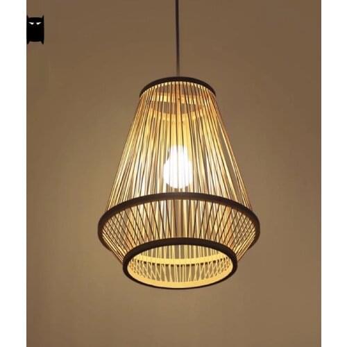 Bamboo Wicker Rattan Cage Shade Pendant Light Fixture Asian Japanese Tatami Hanging Ceiling Lamp Dining Table Tea Room Hallway