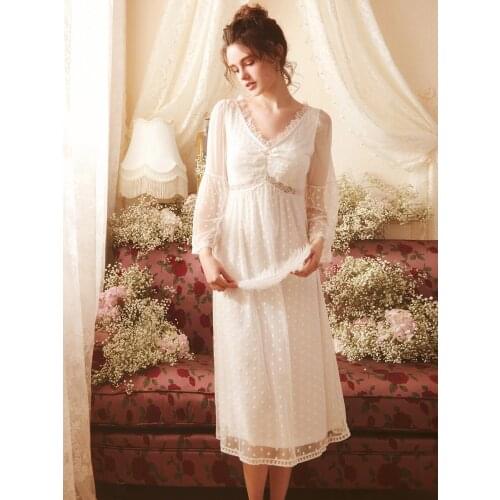 Free Shipping 2021 NEW Vintage Royal Nightgowns Womens Long White Pijamas Girl Sleepwear Lace Sweet V-neck pijama feminino