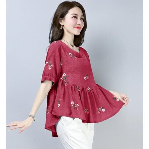 Summer 2018 New Women Ladies Pleated Loose Embroidered Ruffle Linen Blouse Shirt , Female Woman XXL 3xl Green White Slim Blouses