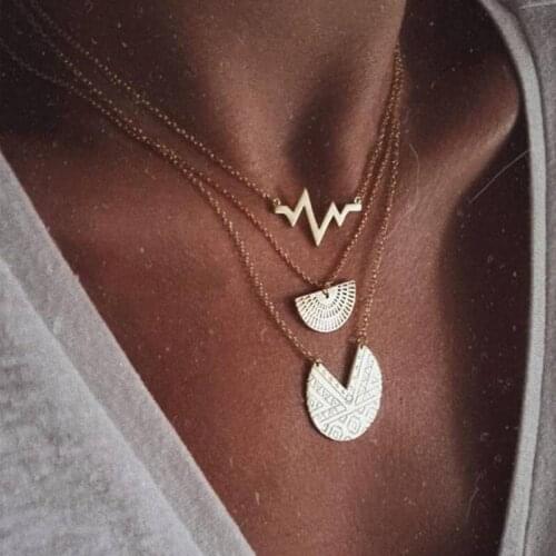 Bohemian Multi Layer Heartbeat Round Geometric Gold Long Necklace for Women Fashin Chain Pendant Necklace Party Jewelry Gifts