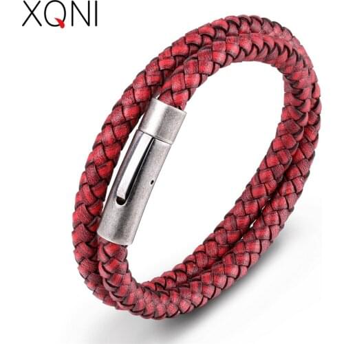 XQNI Engraving Logo DIY Custom Bracelet 3 Sizes Multi-color Mens Leather Bracelet Hand-woven Style Valentines Day Gift