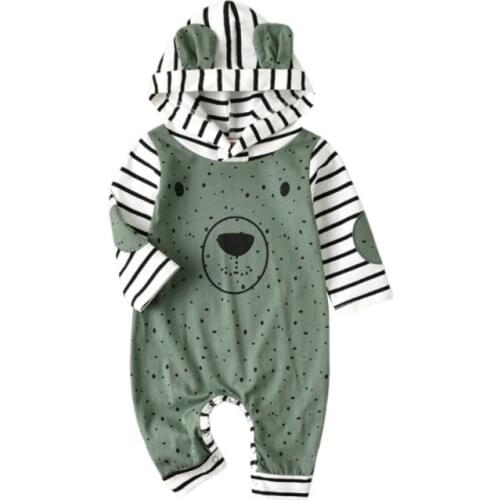 Cartoon Stripe Rompers For Cute Baby Toddler Girls Boys Cotton Hooded Long Sleeves Jumpsuits with Buttons Autumn Fall Rompers