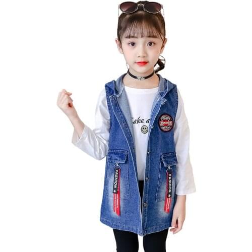 Long Style Childrens Denim Vest For Girls Outerwear Spring Autumn Sleeveless Jacket Kids Hooded Vests & Waistcoats High Quality
