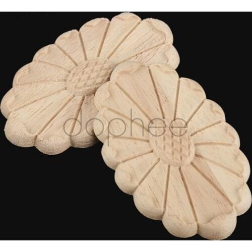 Dophee 2pcs 8*5cm Oval Wood Decal Floral Wooden Carving Onlay Applique Unpainted For Doors Cabinet Furniture Home Decoration