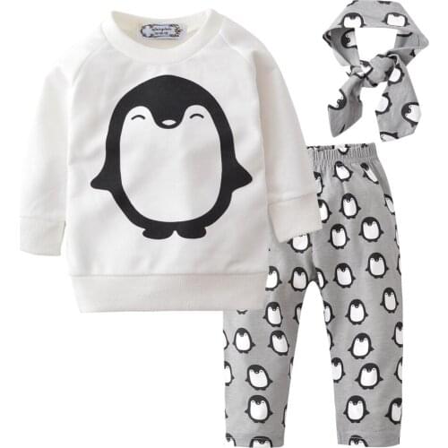 Newborn Baby Boy Clothing 2018 Autumn Warm Cute Cartoon Penguin Tops Coat+Pants+Headband 3Pcs Baby Girls Clothes Sets Outfits