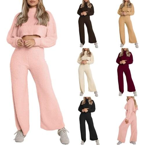 2Pieces Female Polyester Suit Casual Set Solid Color Mock Neck Long Sleeve Crop Tops Long Pants for Fall Winter S/M/L/XL