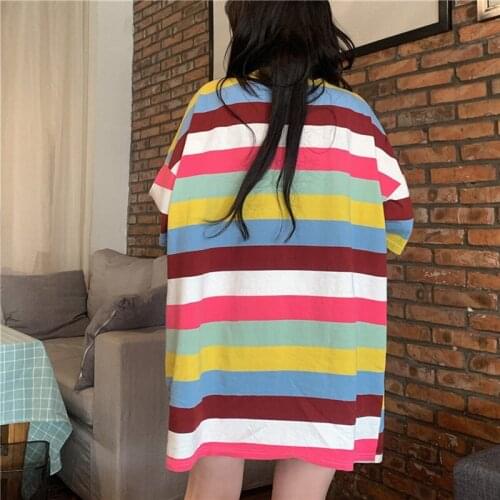 Summer T Shirts For Women Fashion Rainbow Striped Tshirt Loose Casual Round Neck Short Sleeve Tee Plus Size Tops New