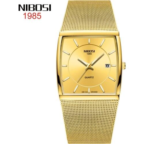 NIBOSI Brand Gold Mens Watch Square Quartz Watch Business Stainless Steel Mesh Strap Waterproof Luminous Calendar Watch 2338