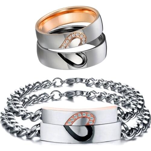 Classic Lovers Alliance Bridal jewelry set cubic zirconia heart shape couple bracelets wedding rings pair for men and women