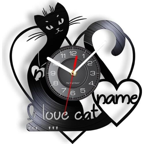 I Love Cat Personalized Name Vinyl Record Wall Clock Kitty Home Decor Meow Kitten Name Custom Album Laser Cut Out Clock Watch