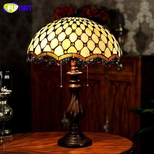 FUMAT Stained Glass Table Lamp European Style Classic Bead Curtains Lamp Living Room Bedside Lamp LED Yellow Warm Table Lights