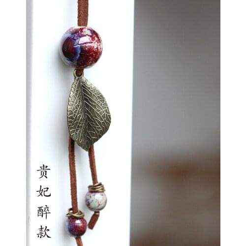 New Fashion Jewelry Charm Strand Handmade Ceramic Pendant Necklace for Women Girls with Leaf Blue Red Bead Necklace