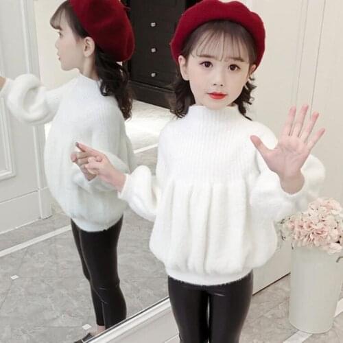 2020 Autumn Winter Children Clothes Baby Toddler Girls Pullover Sweater Long Puff Sleeve Solid Color Kids Knitted Sweaters Tops