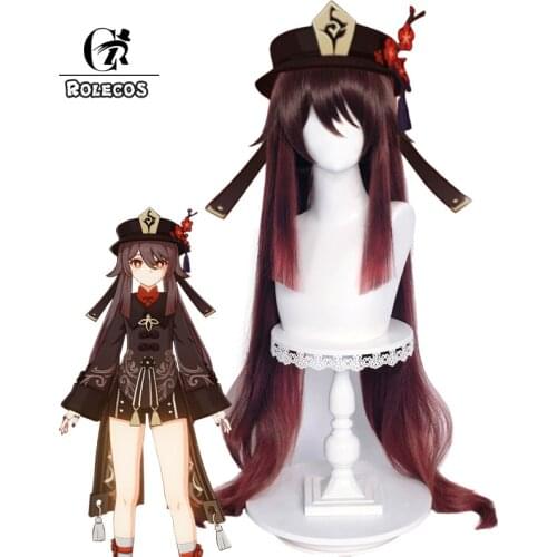 ROLECOS Genshin Impact Hutao Cosplay Wigs Genshin Impact Hu Tao Cosplay Long Brown Women Wig with Bangs Ponytails Synthetic Hair