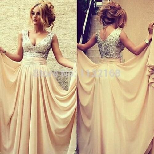 Sexy V-neck Champagne Sequins Chiffon A-line prom dresses,Cheap V-neck sequins and chiffon 2017 hot sale formal evening dresses