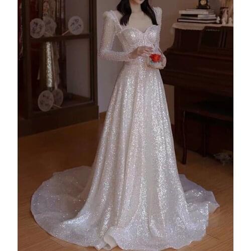 2021 Luxury White Wedding Dresses Square Collar Shiny Sequined Pearl Long Sleeve A-Line For Banquet Party Boho Bride Gowns New