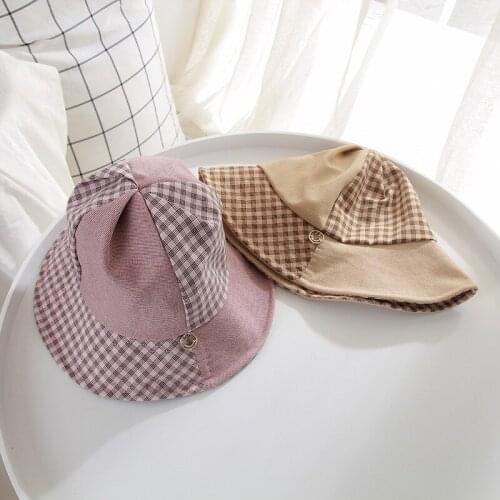 H7475 Plaid Spliced Fisherman Hat Female Korean Anti-ultraviolet Sunshade Beach Cap Women Seaside Travel Sunscreen Cloth Hats