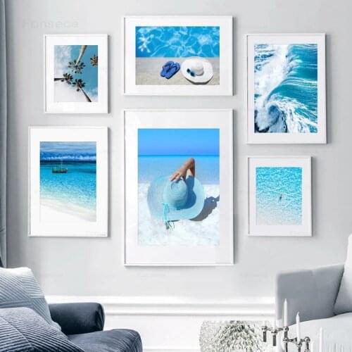 Blue Ocean Landscpe Canvas Painting Sunbathing Girl White Sand Nordic Posters and Prints Wall Pictures for Living Room Decor