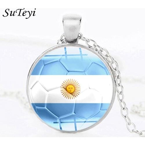 SUTEYI Classic Argentina Belgium Iceland Denmark Sweden Croatia National Flag Football Print Glass Pendant Necklace Jewelry