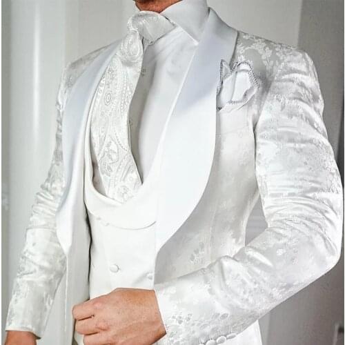 New Custom White Jacquard Wedding Tuxedo For Groom 3 Pieces Slim Fit Men Suits With Satin Shawl Lapel Male Costume Jacket Vest