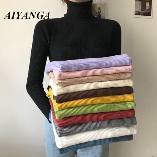 2020 Autumn Winter Sweater Women Knitted Ribbed Pullover Sweater Long Sleeve Turtleneck Slim Jumper Soft Warm Pull Femme AIYANGA