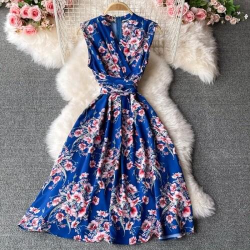 Teeuiear Boho Vintage V Neck Summer Floral Print Bandage Long Dress Tank Party Sundress Women Elegant Beach Holiday Tunic Dress
