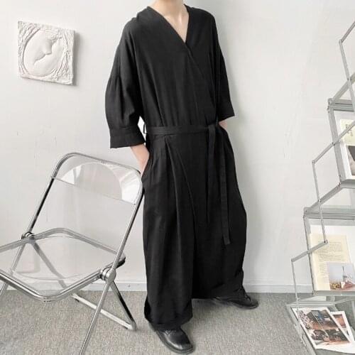 Vintage Mens Black Cotton Loose Overalls V-neck 3/4 Sleeve Full Length E26