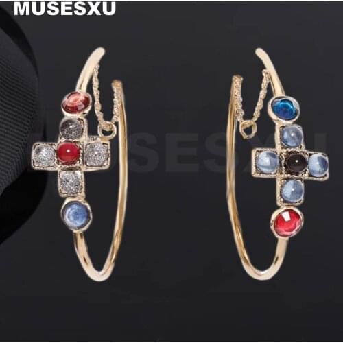 Jewelry&Accessories New 2020 Inlaid With Colorful Stone Cross And Hollow Out Moon Shaped Earrings For Womens Party Gift