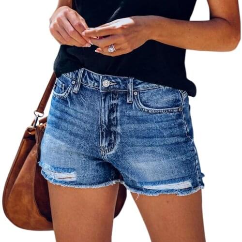 DIFIUPA Womens Shorts Butt-Lifting Denim Shorts High Stretch Ripped Fringes Mid-waist Booty Jeans with Pockets Cozy Jeans Short