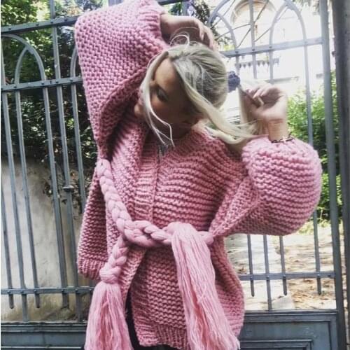 Autumn Winter High Street Women Pink Sweater Womens Cardigan Long Sleeve Hand-woven Belt Sweater Casual Elegant Coats Outwear